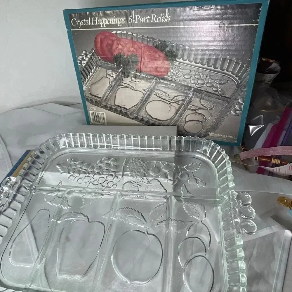 Vintage Indiana glass Crystal Happenings 5 part relish tray veggies fruit